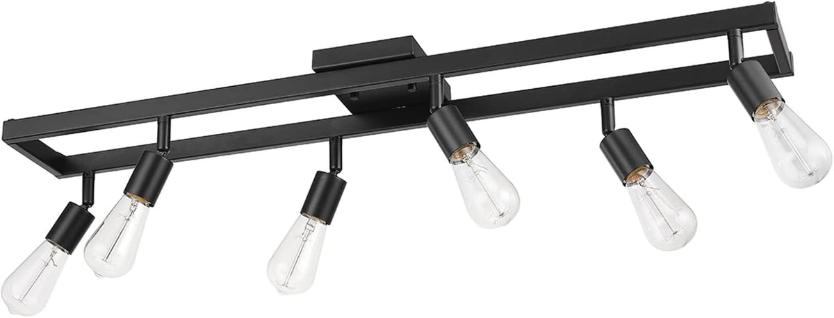 Matte black rectangular track with six angled sockets fitted with exposed bulbs.