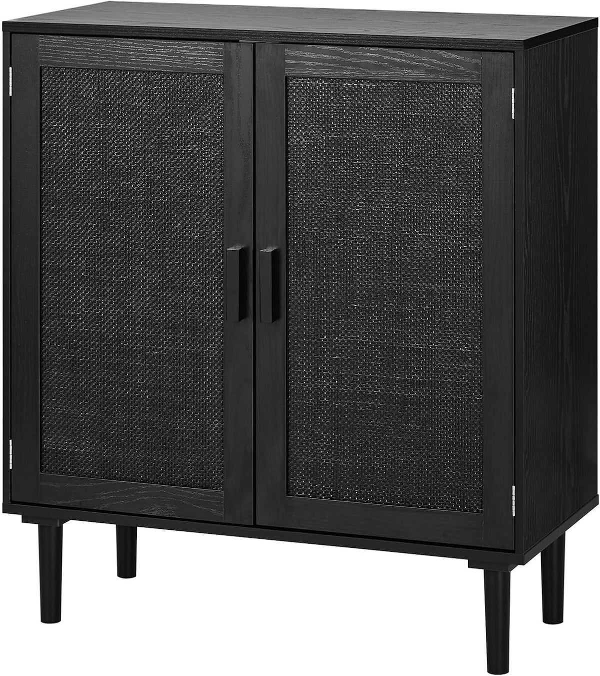 Compact black cabinet with two woven-front doors and four tapered black legs.