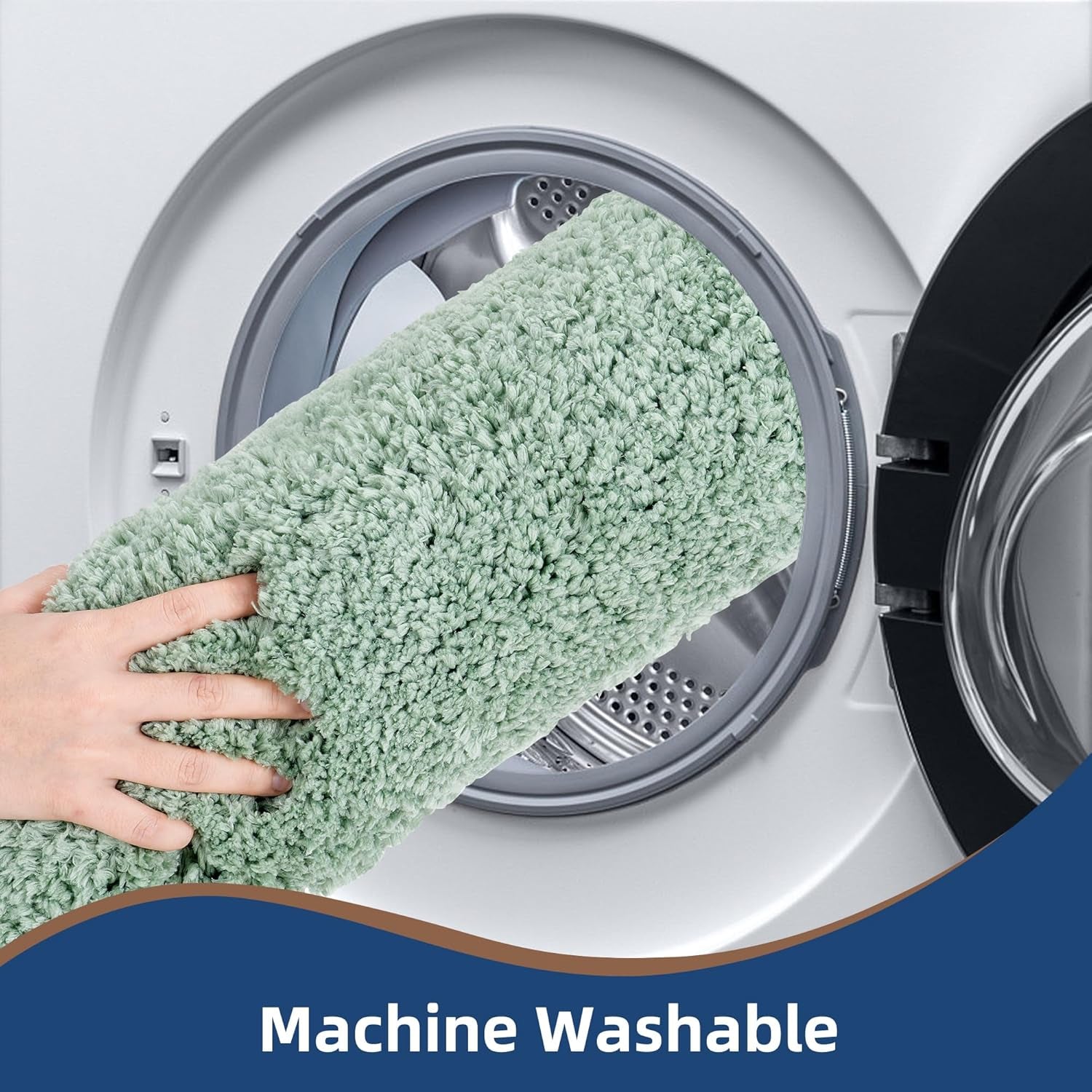 Hand placing a rolled leaf-green rug into a front-load washing machine