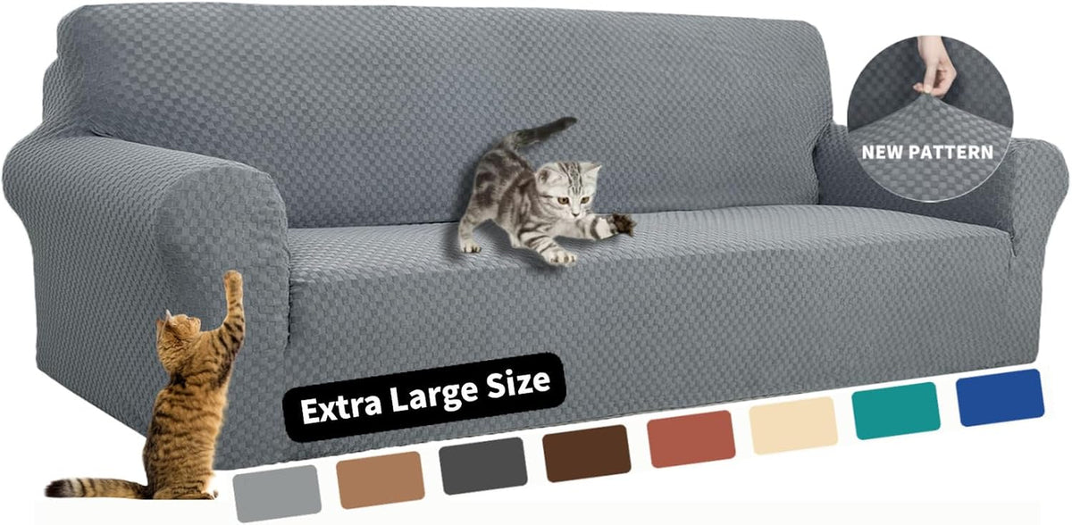 Gray checker-pattern slipcover on a sofa with two playful cats and a circular inset highlighting the fabric texture