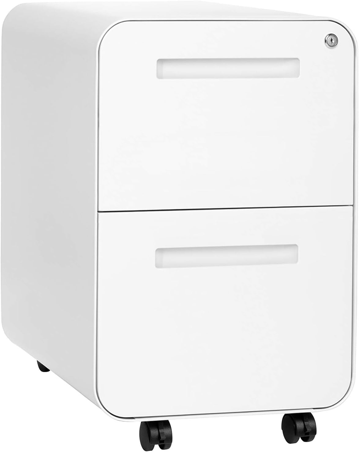 White two-drawer mobile filing cabinet with recessed handles and caster wheels, rounded edges