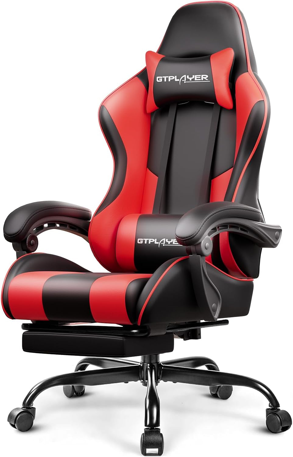Angled studio view of red-and-black gaming chair showing head and lumbar pillows, armrests and caster base