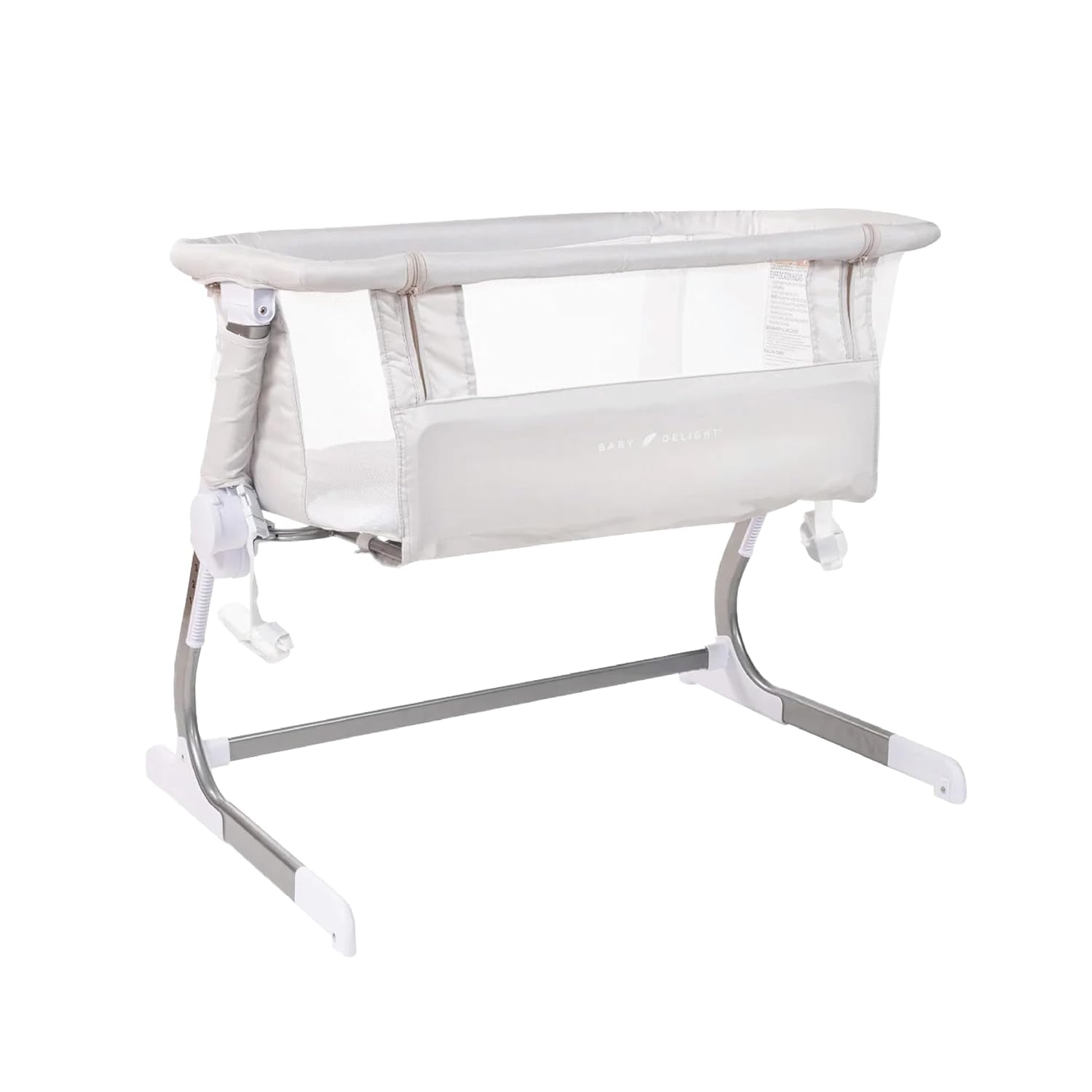 Light gray bedside bassinet with mesh walls and white metal frame shown at an angle