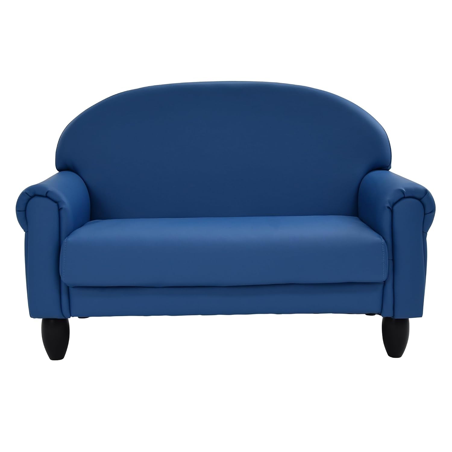 Front view of a blue kids two-seat sofa with rounded back and black legs