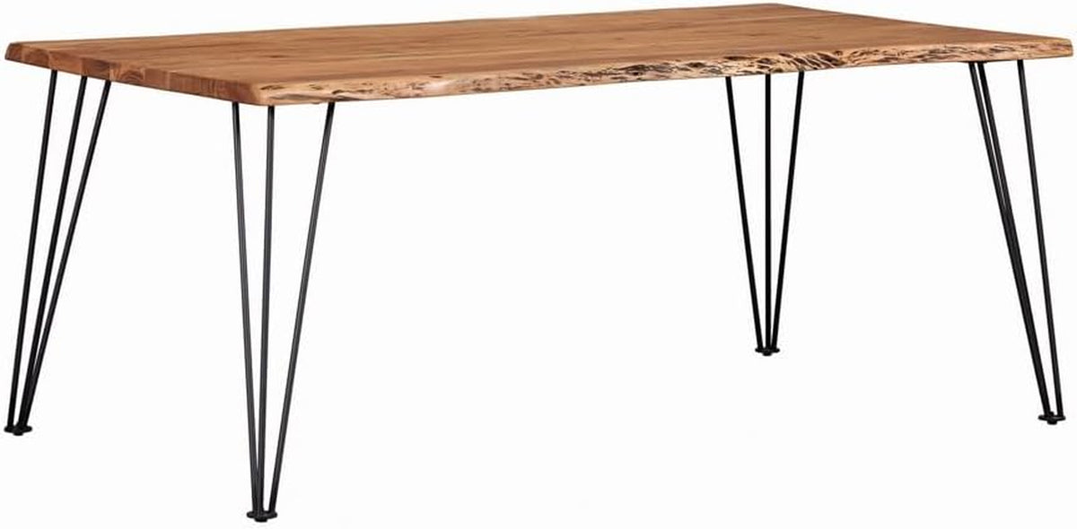 Rectangular live-edge acacia tabletop with black gunmetal hairpin legs, angled front view on white background