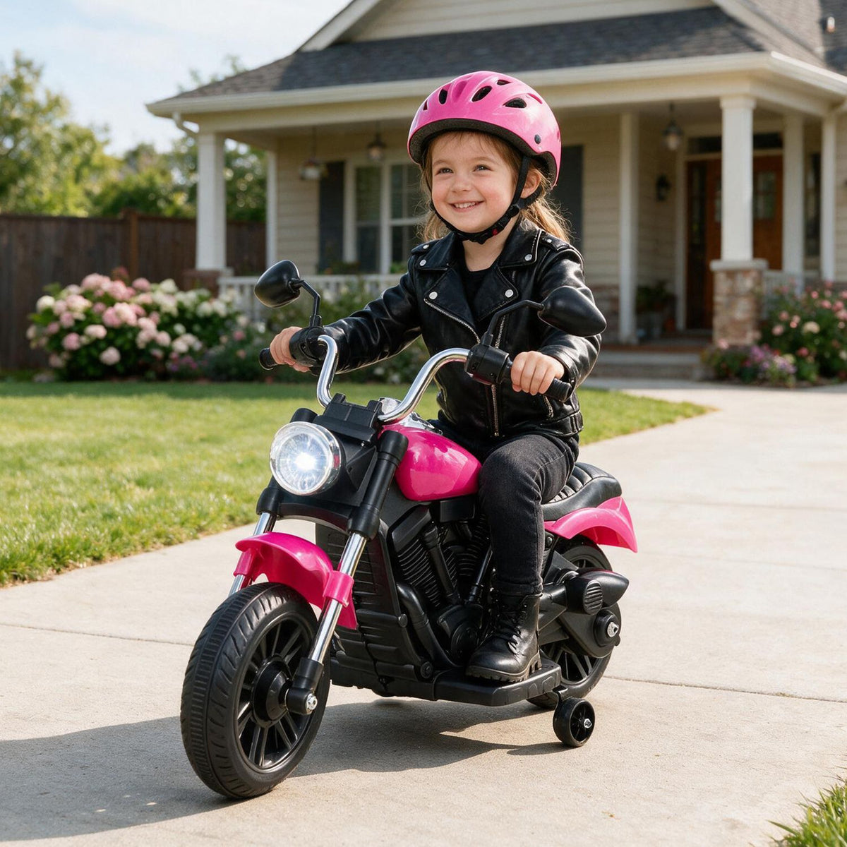 A child in a pink helmet rides a pink toy motorcycle with small stabilizer wheels on a sunny driveway.