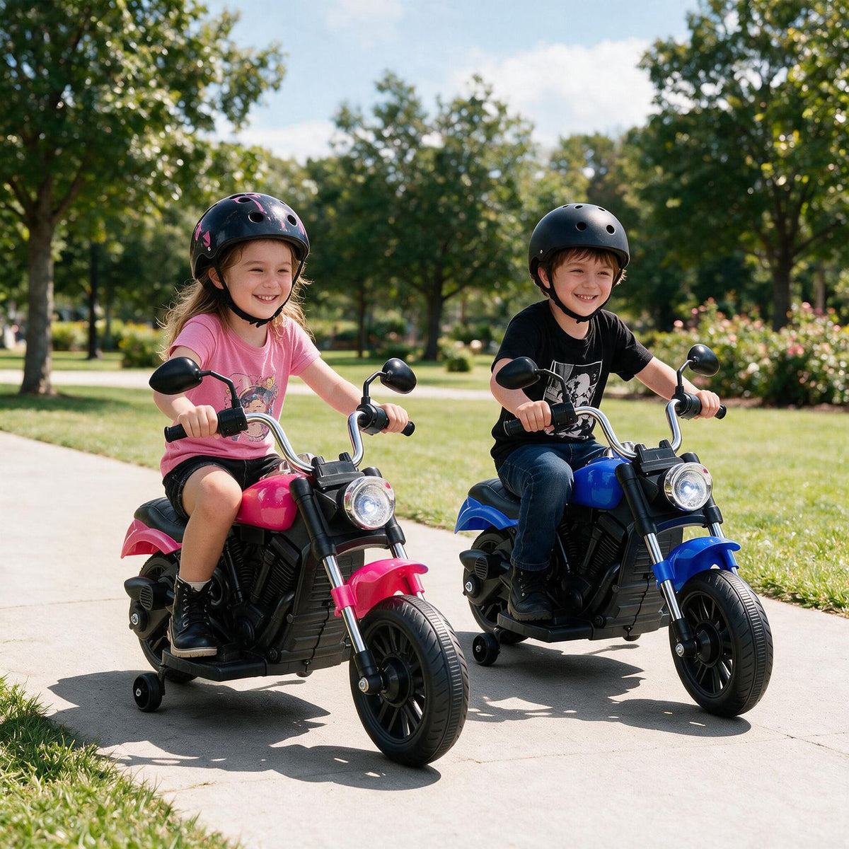 Two children ride pink and blue toy motorcycles side by side on a paved path.