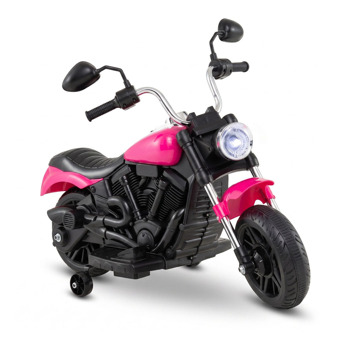 Pink toy motorcycle shown alone against a white background, with its headlight and small stabilizer wheels visible.