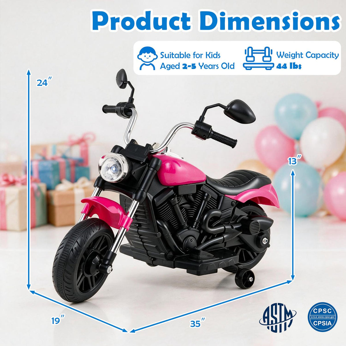 Pink-and-black children's motorcycle shown at an angle with measurement arrows around it.