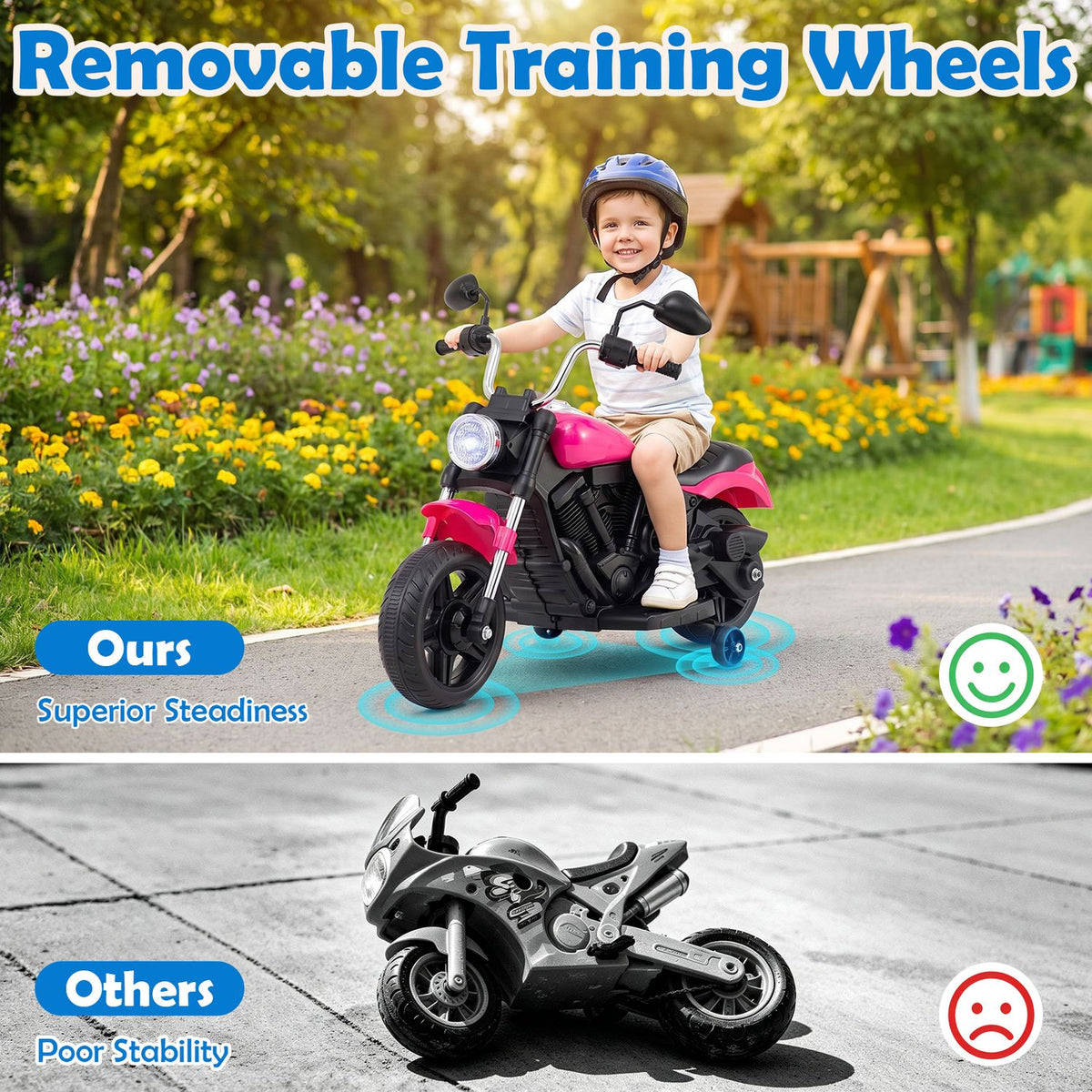 Child riding a pink motorcycle with small training wheels on a garden path; a toppled bike appears below.