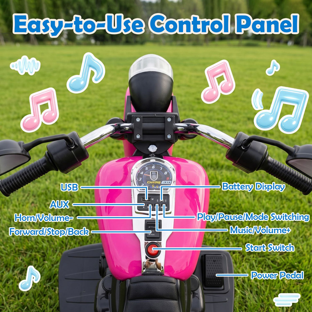 Overhead close-up of the motorcycle's handlebars, dashboard, pink tank, and foot pedals.