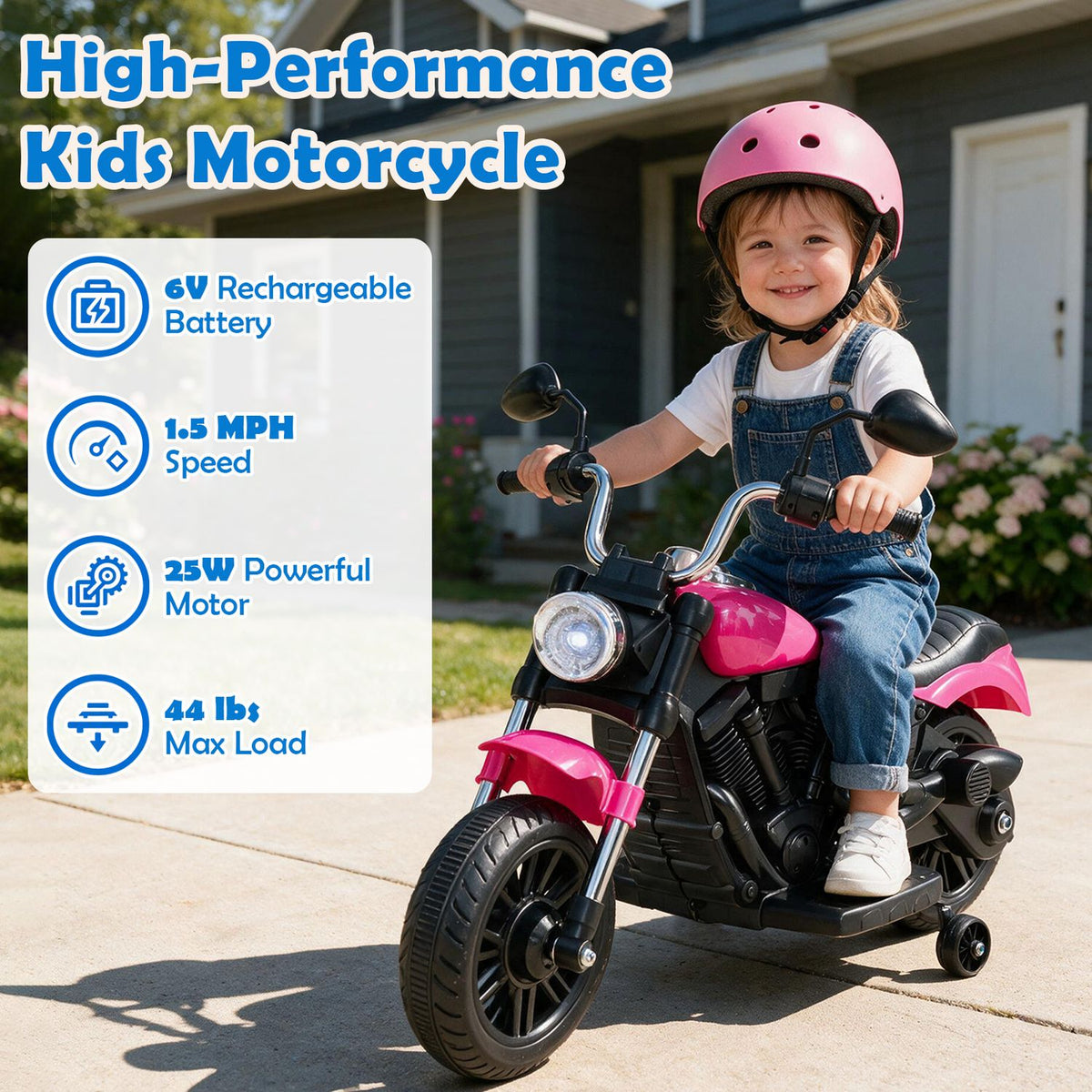 Smiling child in a pink helmet riding a pink-and-black motorcycle outdoors.