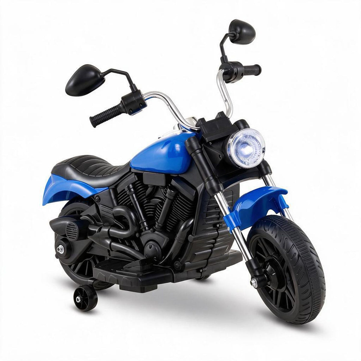 A blue toy motorcycle is shown alone against a plain white background.