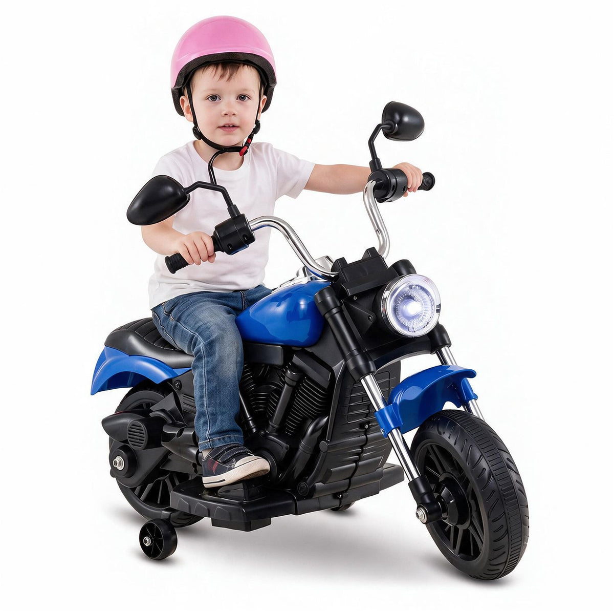 A child in a pink helmet sits on a blue toy motorcycle against a white background.