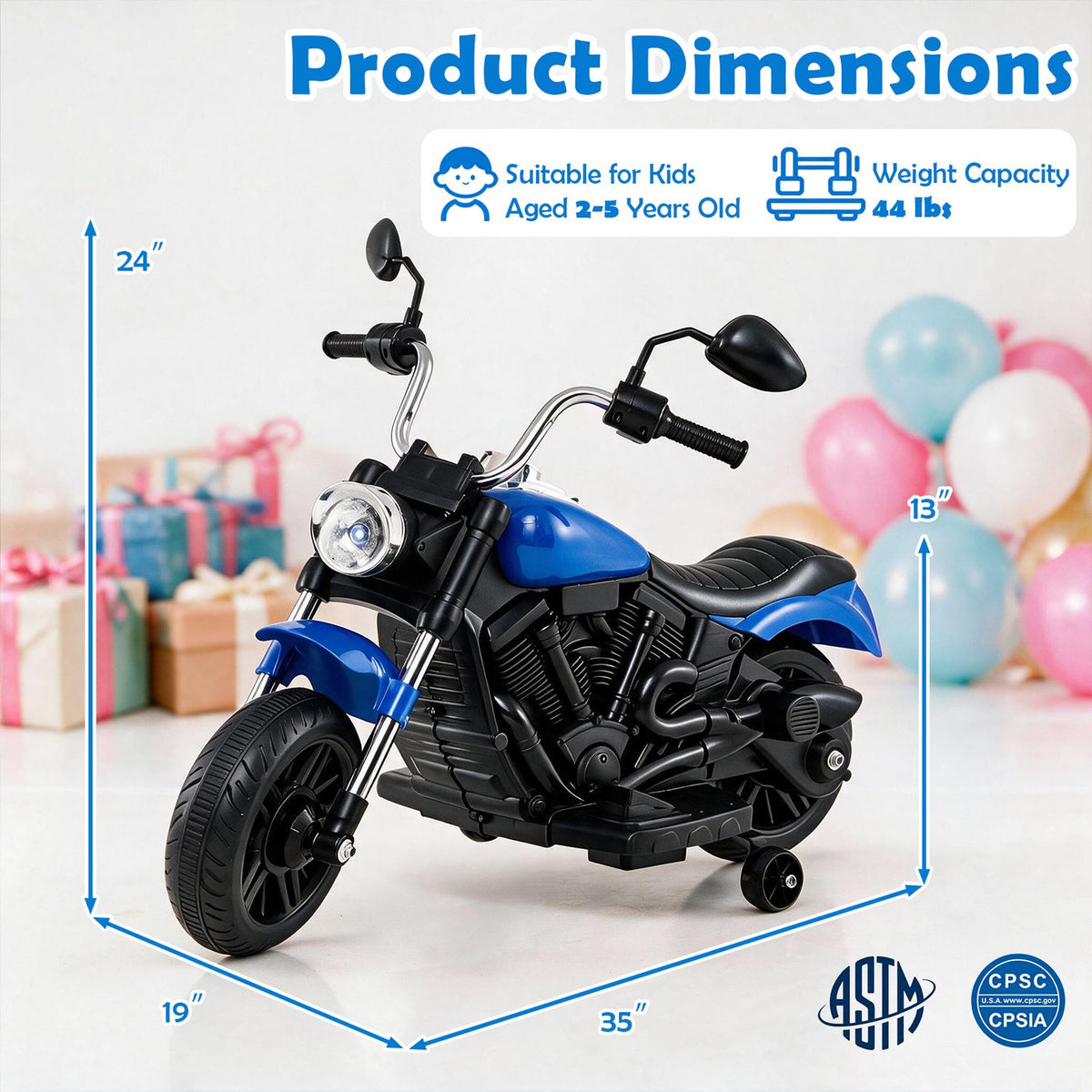 Blue-and-black toy motorcycle shown at an angle with measurement arrows around it.