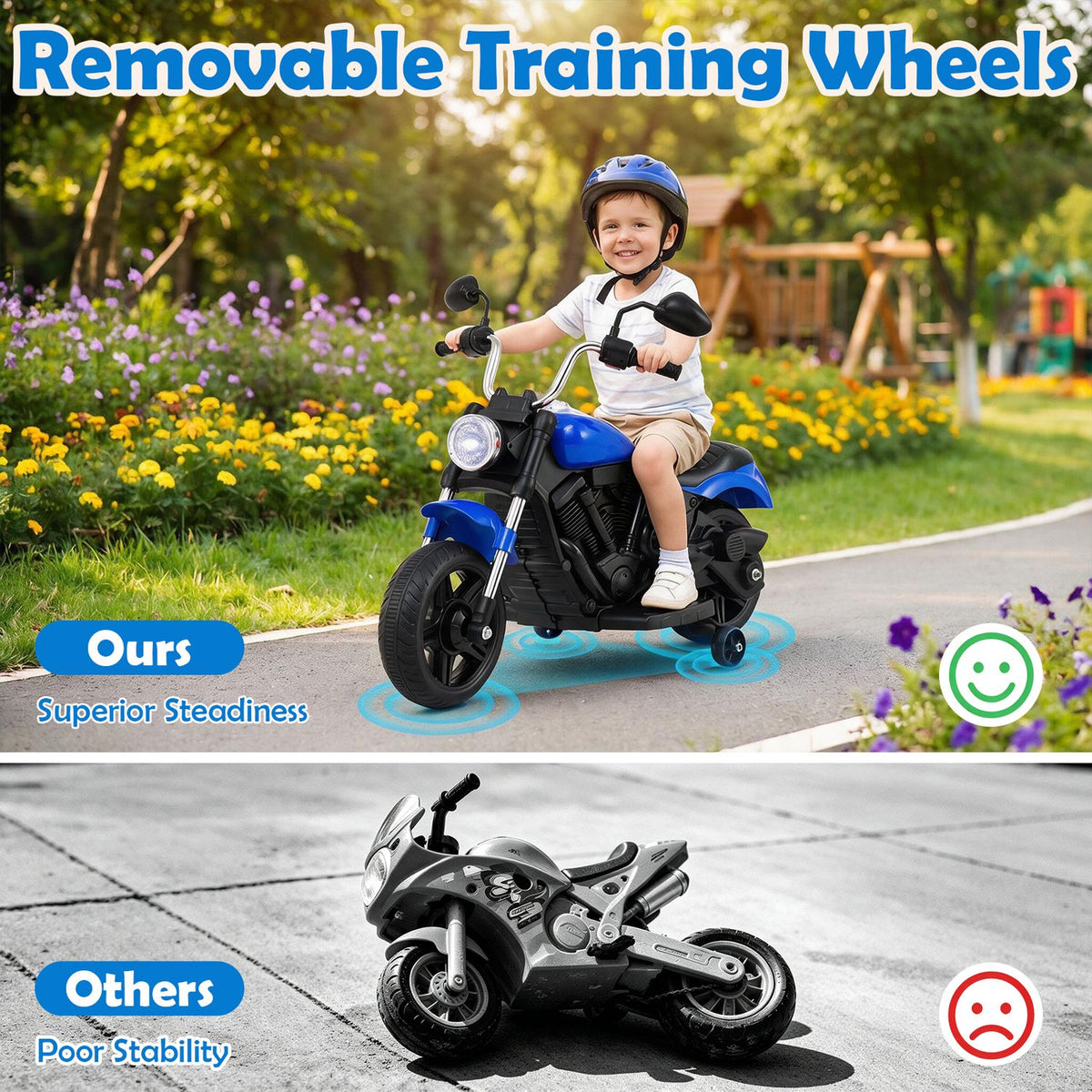 Child rides a blue toy motorcycle with small rear training wheels on a garden path; a comparison image appears below.