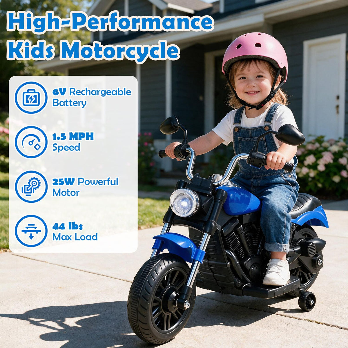Smiling child in a pink helmet rides a blue-and-black toy motorcycle on a sunny driveway.