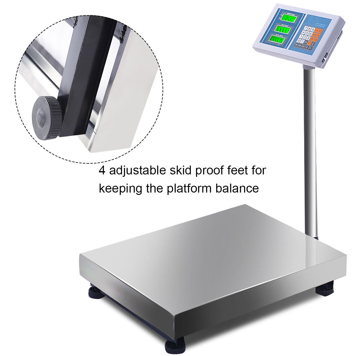 Stainless-steel platform scale with a raised display column and a close-up of one adjustable foot.