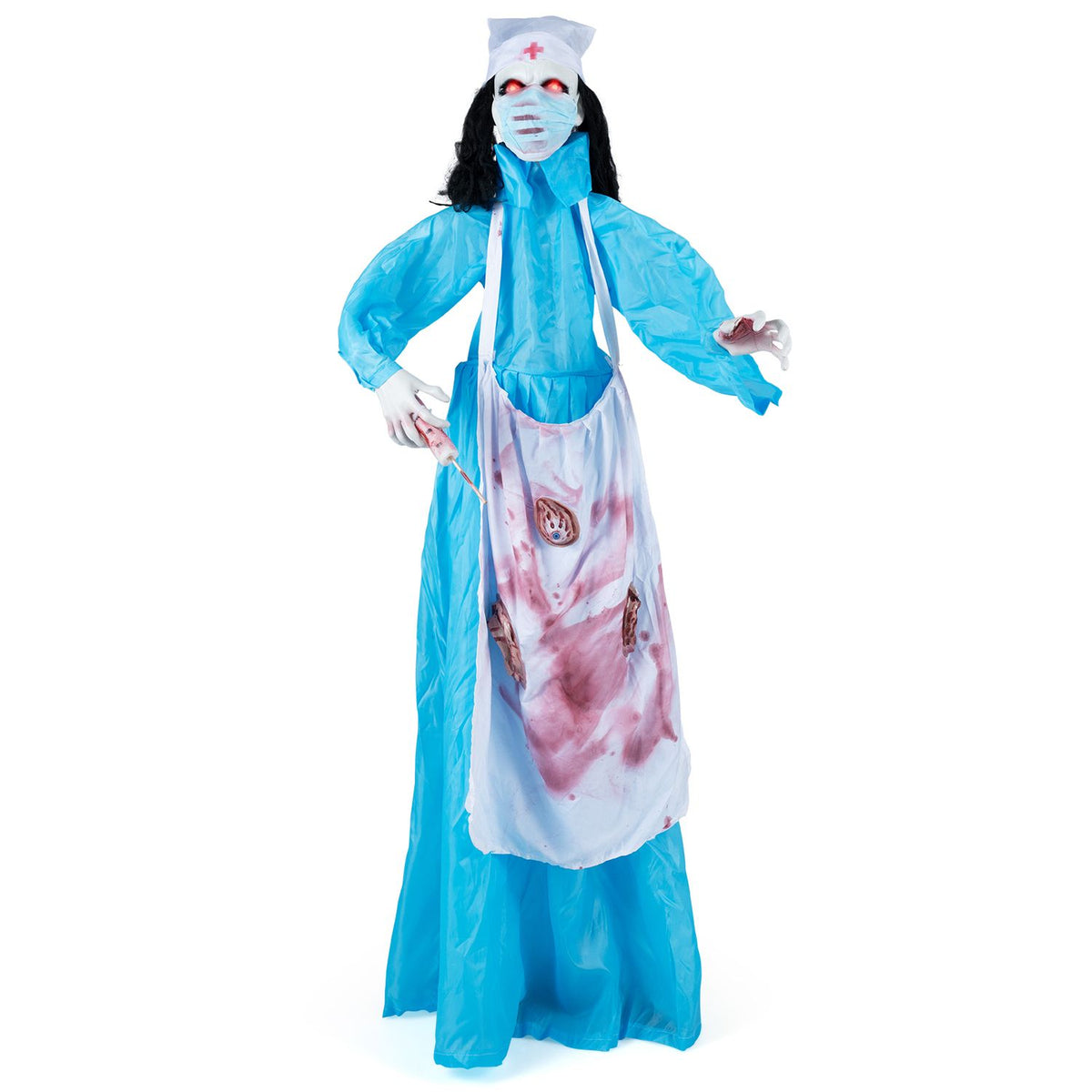 Full-length view of the zombie nurse in a blue gown, white cap, face covering, and bloodied apron against white.