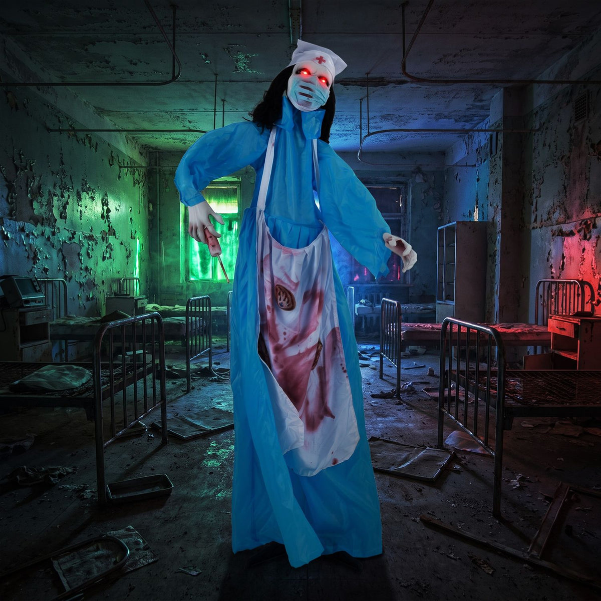 A blue-gowned zombie nurse with glowing red eyes stands among metal beds in a dim, eerie room.