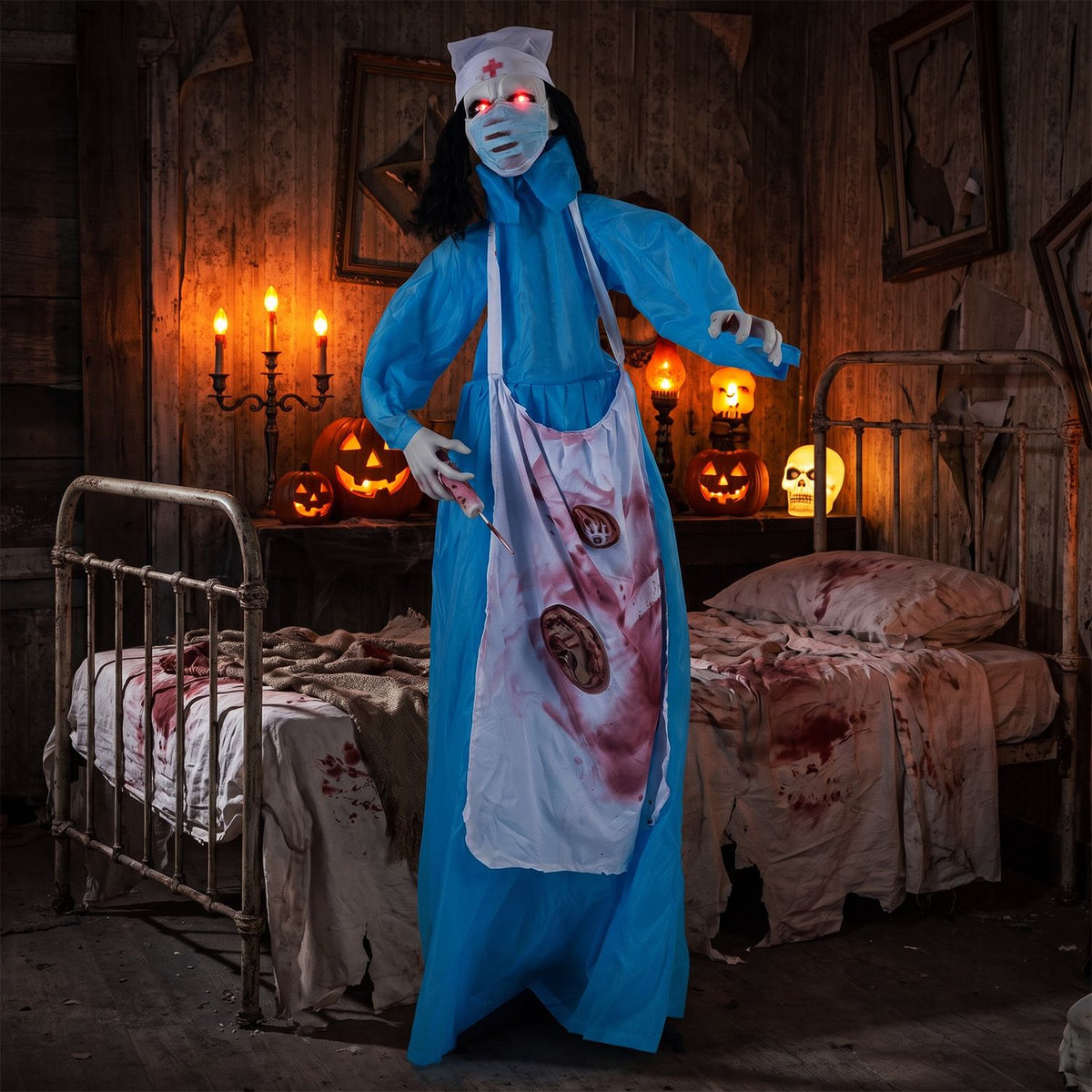 Blue-clad zombie nurse with glowing red eyes stands beside a bed in a dim, pumpkin-lit room.