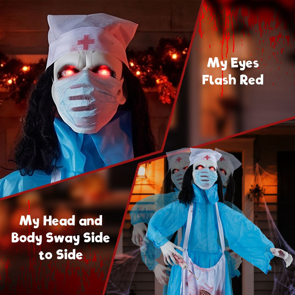 Close-up of the nurse’s glowing eyes and masked face, with smaller views of her swaying figure.