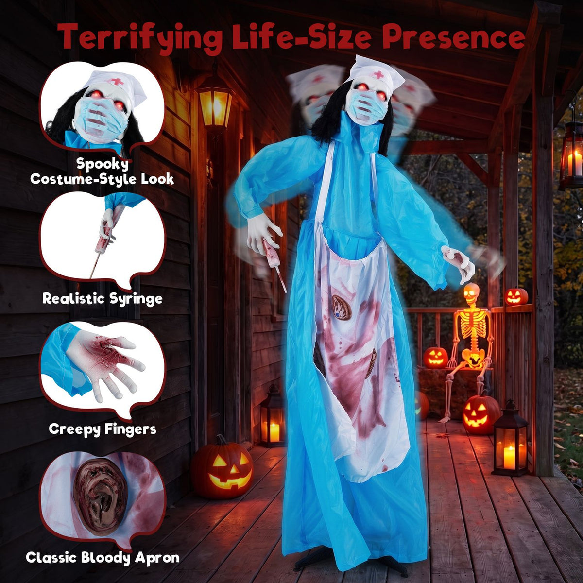 Zombie nurse stands on a wooden porch, alongside close-ups of her syringe, fingers, face, and stained apron.