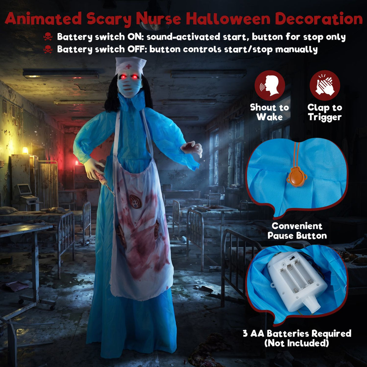 Zombie nurse stands in a shadowy room beside close-ups of a pause button and battery compartment.