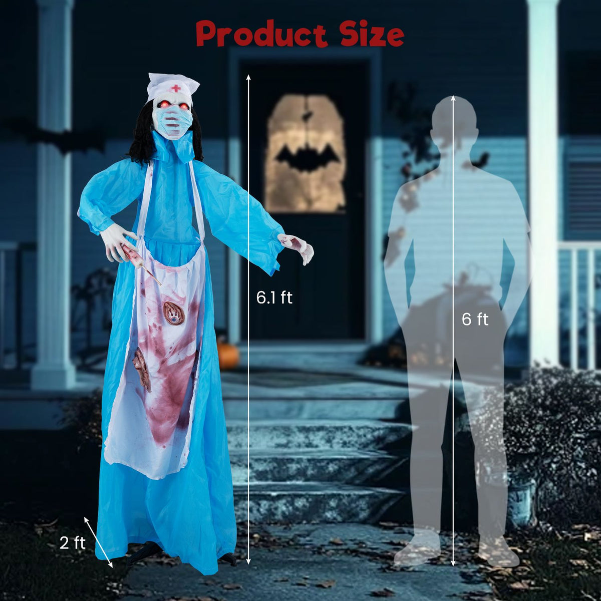 The zombie nurse is shown beside a human silhouette with vertical height markers.