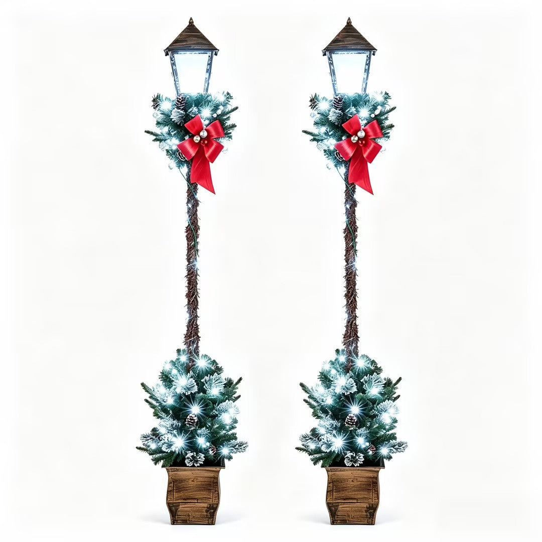 6.1 Feet Christmas Pre-lit Street Lamp Set of 2 with Artificial Greenery and Snow-flocked Branch Tips