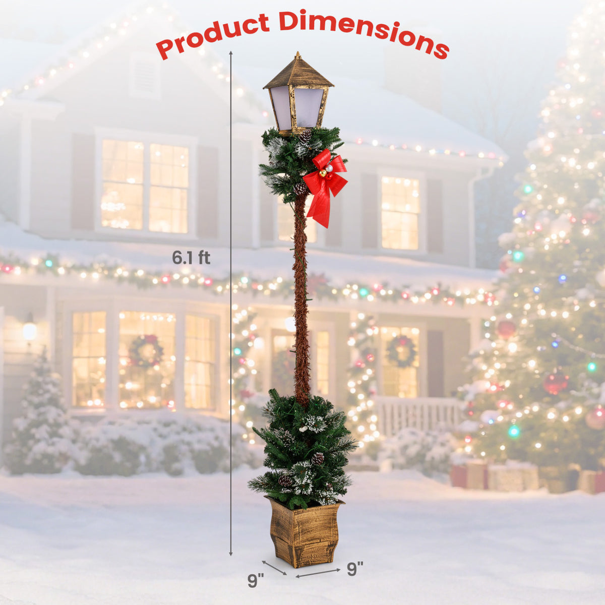 6.1 Feet Christmas Pre-lit Street Lamp Set of 2 with Artificial Greenery and Snow-flocked Branch Tips
