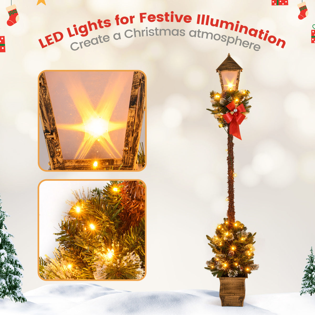 6.1 Feet Christmas Pre-lit Street Lamp Set of 2 with Artificial Greenery and Snow-flocked Branch Tips
