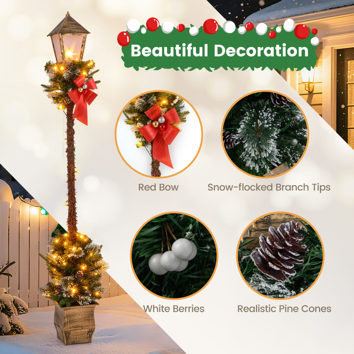 6.1 Feet Christmas Pre-lit Street Lamp Set of 2 with Artificial Greenery and Snow-flocked Branch Tips