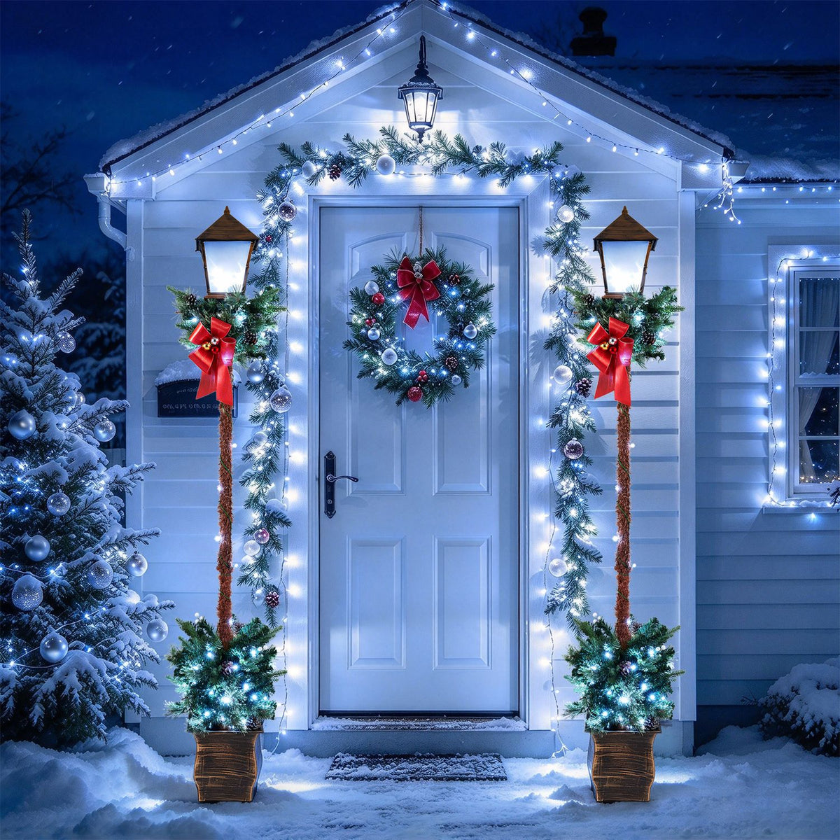 6.1 Feet Christmas Pre-lit Street Lamp with Artificial Greenery and Snow-flocked Branch Tips