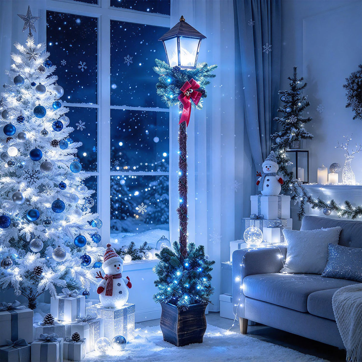6.1 Feet Christmas Pre-lit Street Lamp with Artificial Greenery and Snow-flocked Branch Tips