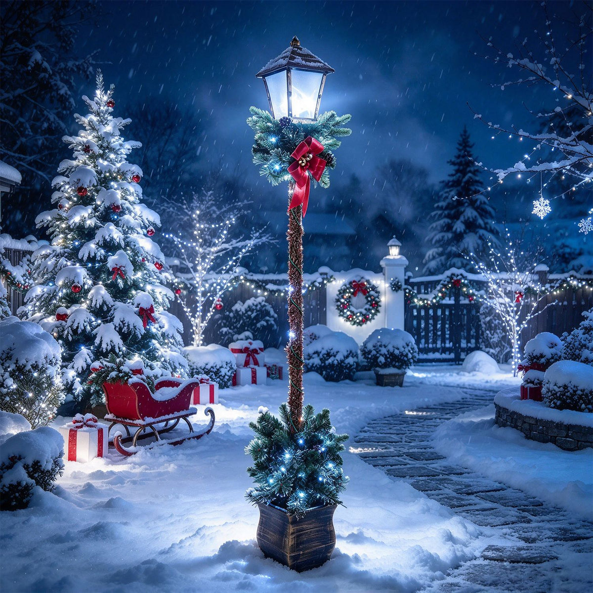 6.1 Feet Christmas Pre-lit Street Lamp with Artificial Greenery and Snow-flocked Branch Tips