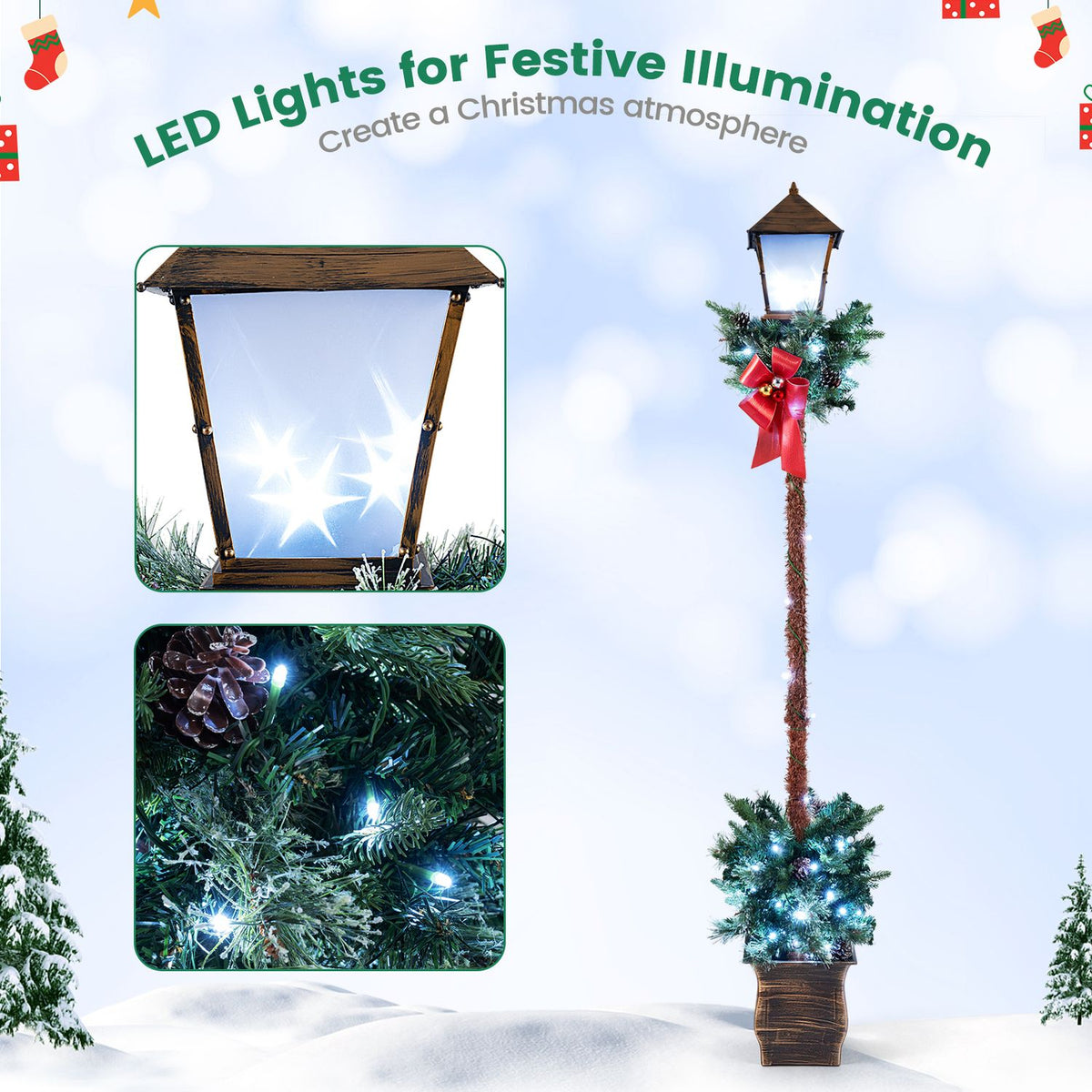 6.1 Feet Christmas Pre-lit Street Lamp with Artificial Greenery and Snow-flocked Branch Tips
