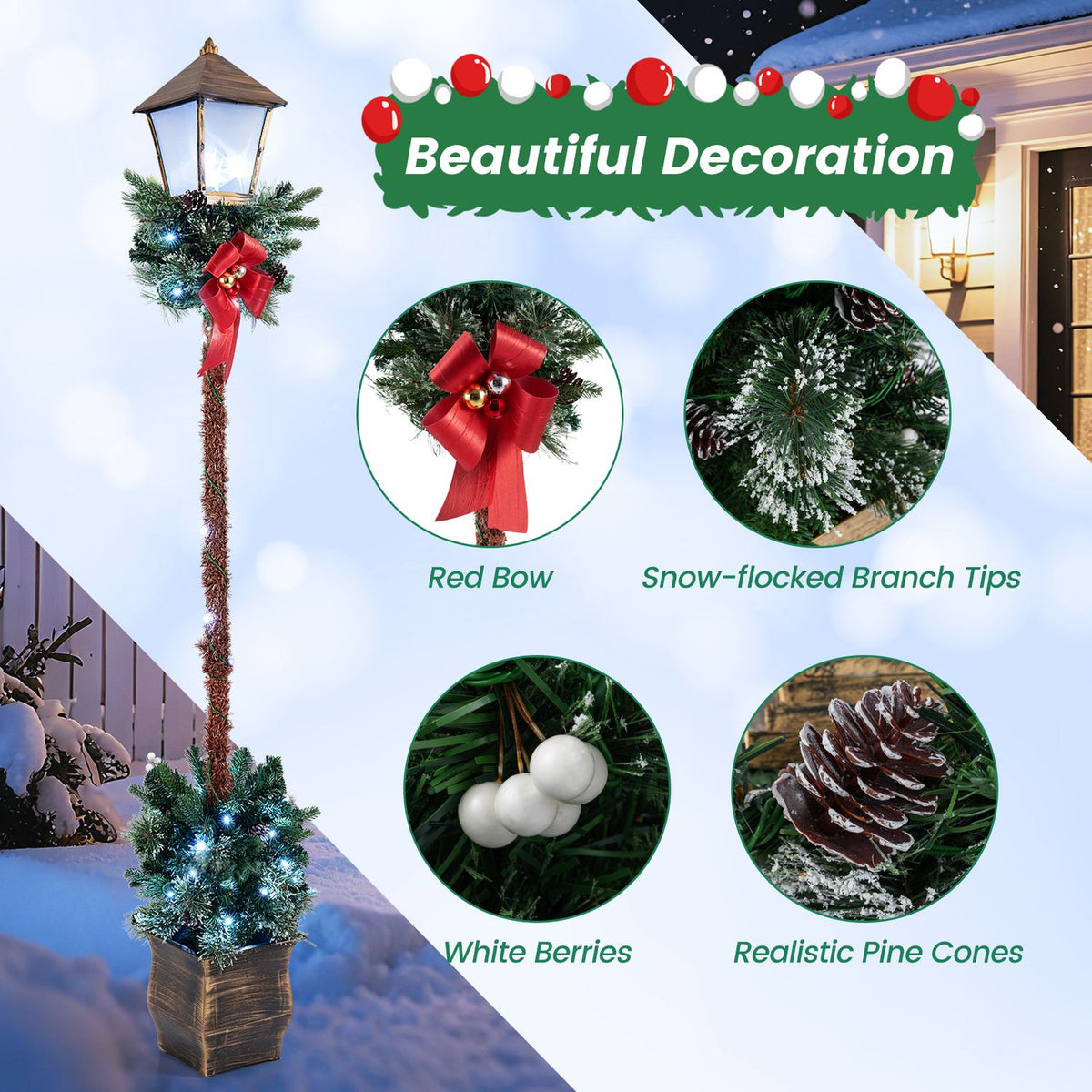 6.1 Feet Christmas Pre-lit Street Lamp with Artificial Greenery and Snow-flocked Branch Tips