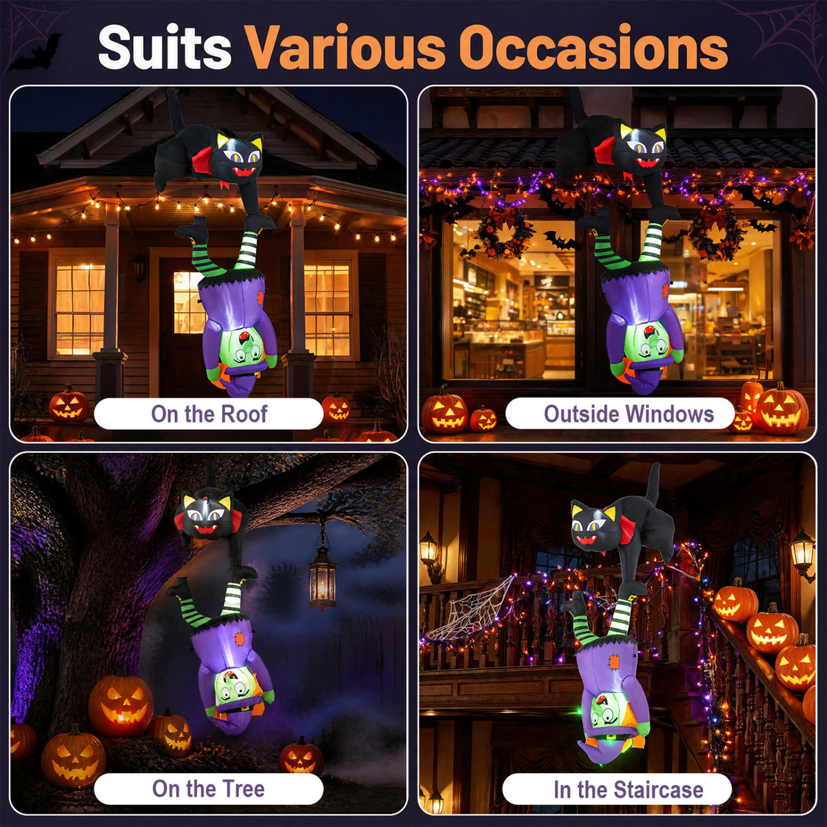 6.2 FT Halloween Hanging Inflatable Witch and Black Cat with LED Lights