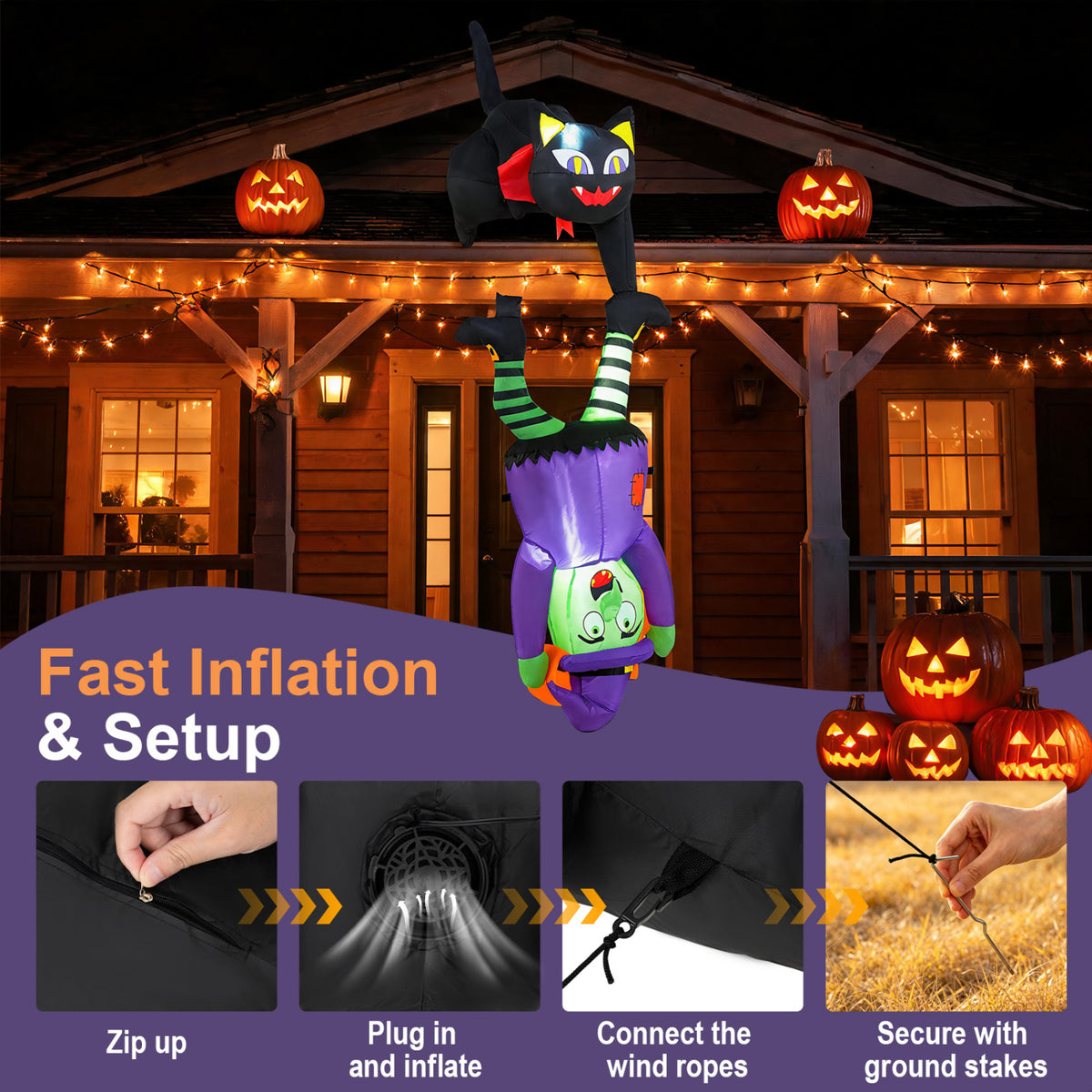 6.2 FT Halloween Hanging Inflatable Witch and Black Cat with LED Lights