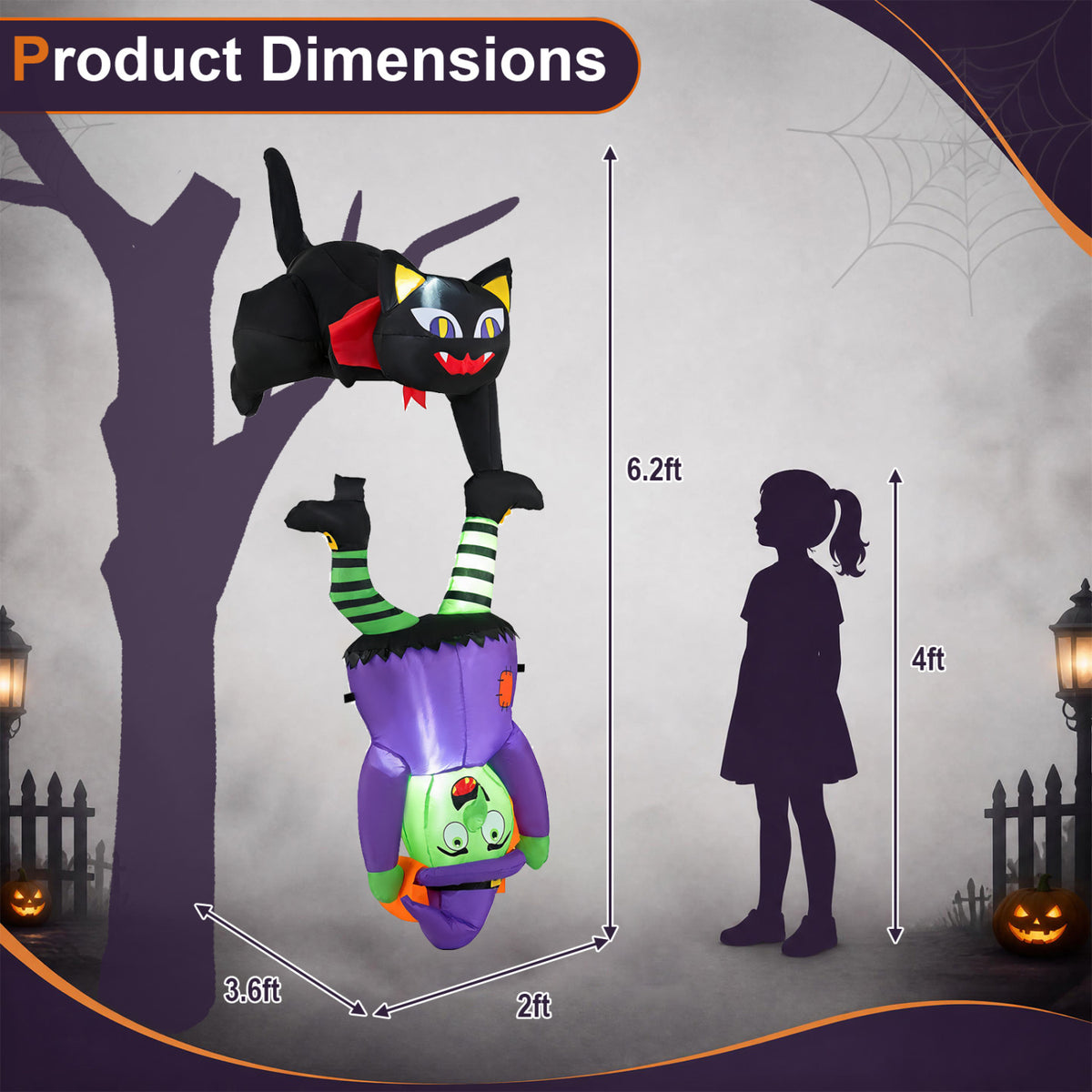 6.2 FT Halloween Hanging Inflatable Witch and Black Cat with LED Lights