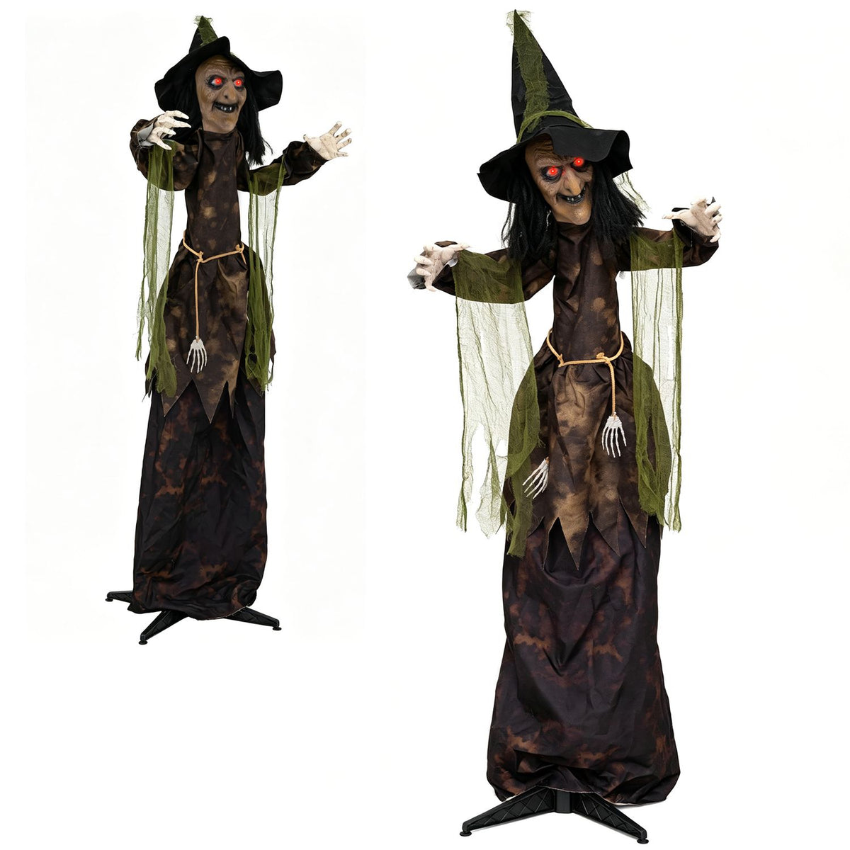 Two views of a witch decoration show its pointed hat, tattered green sleeves and long dark robe.