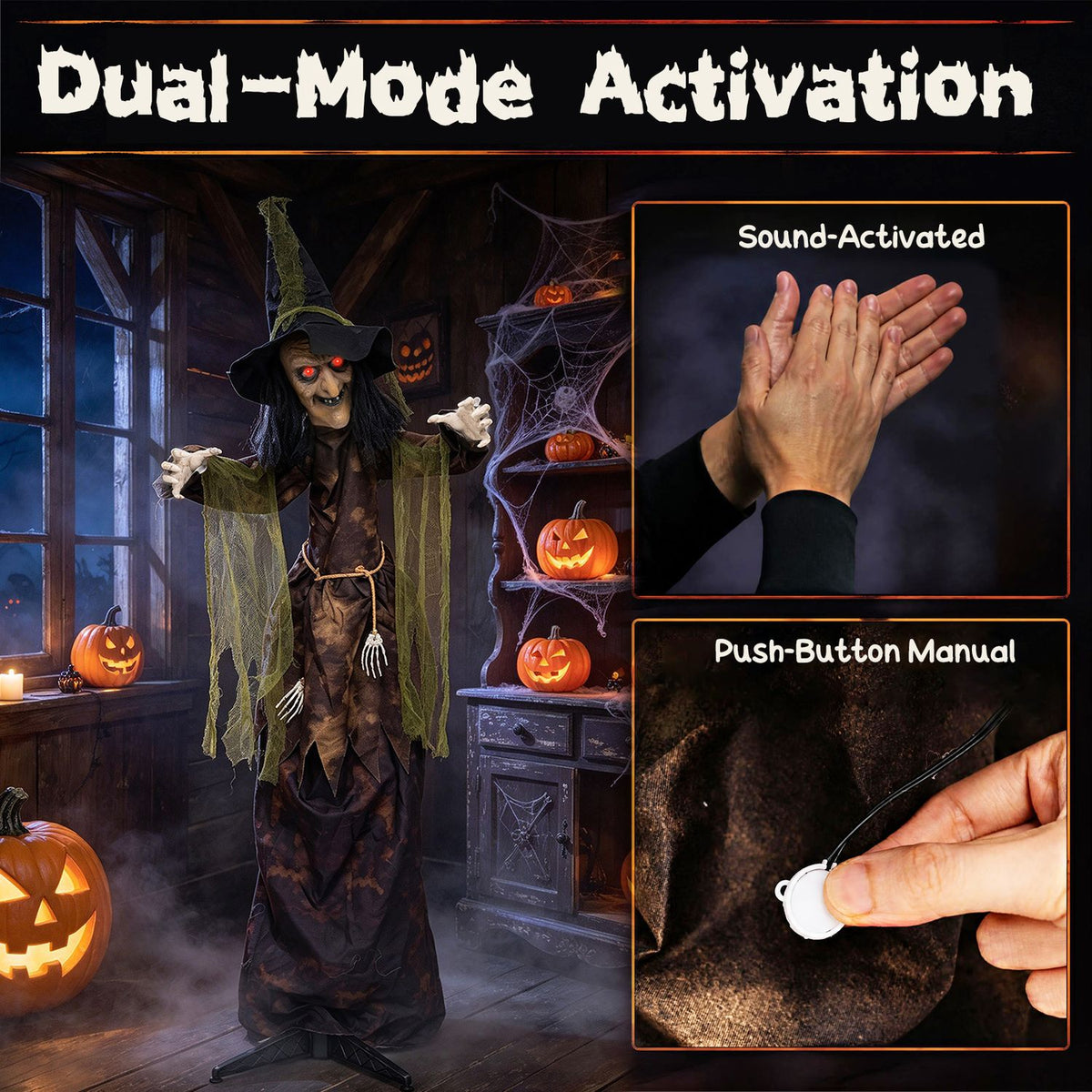 The witch stands indoors beside inset demonstrations of clapping hands and a finger pressing a button.