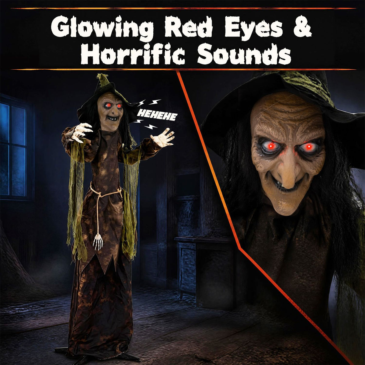 A full-length witch with glowing red eyes is shown beside a close-up of her wrinkled face.