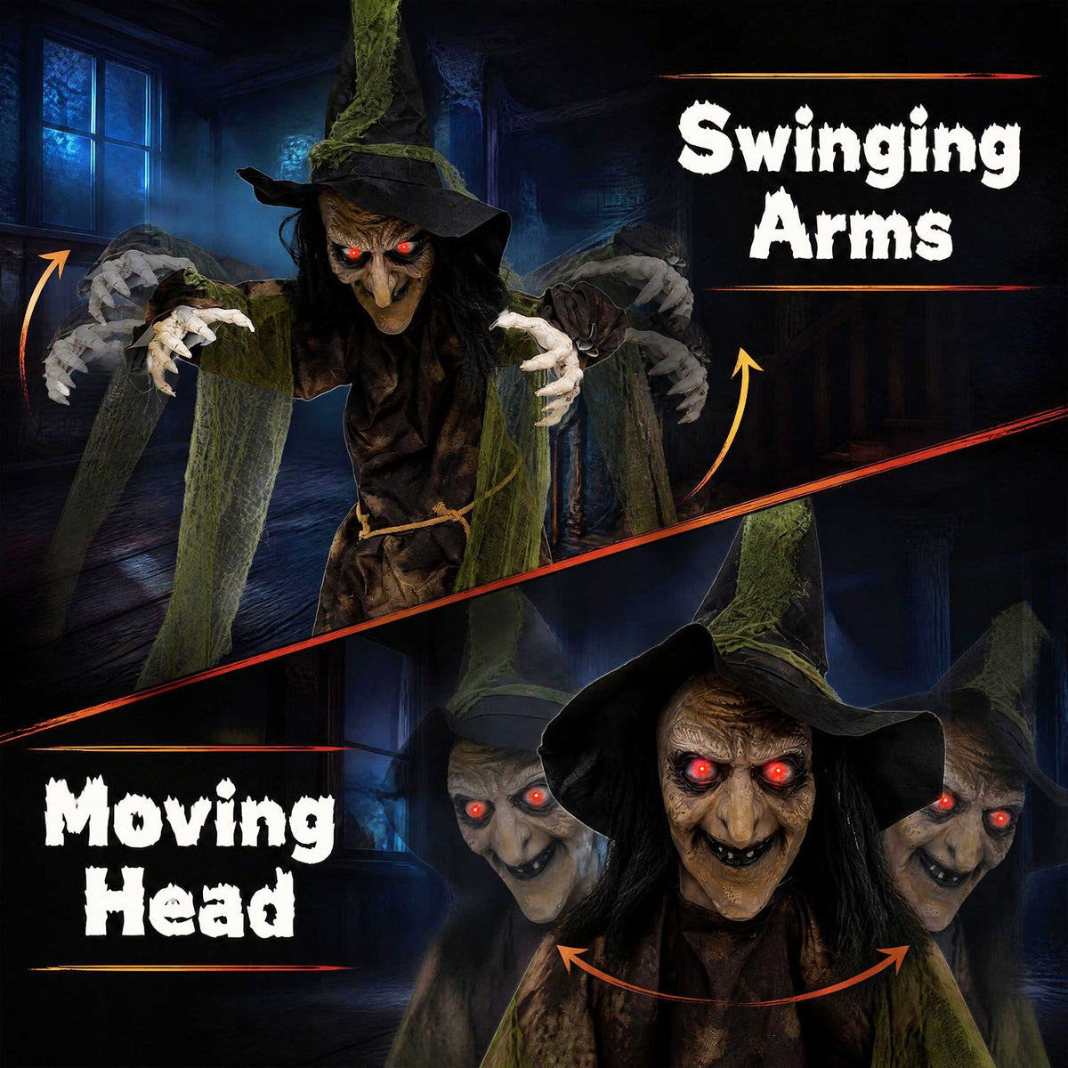 The witch is shown with ghosted arm and head positions illustrating movement.