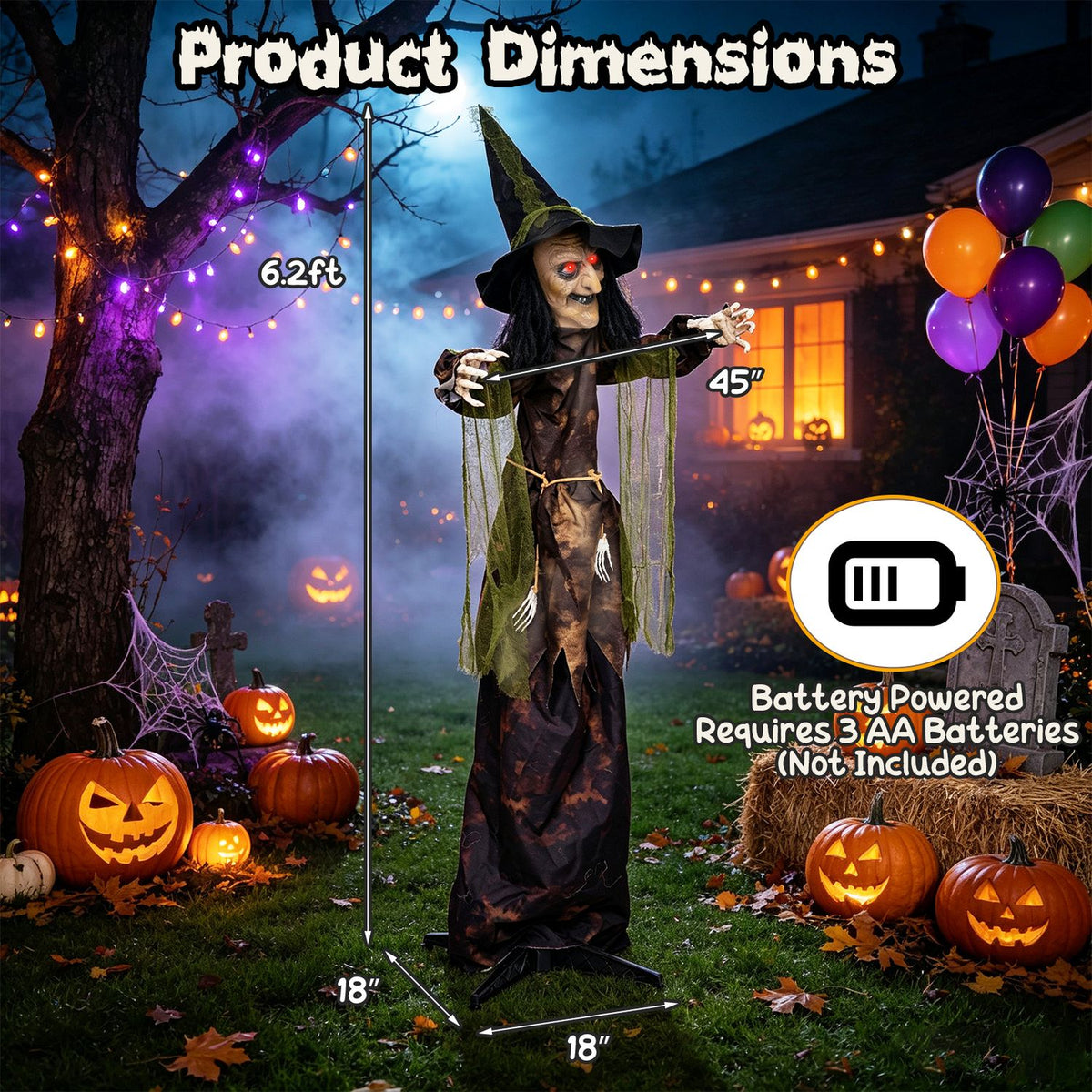 A witch decoration is shown with measurement arrows against a Halloween yard scene.