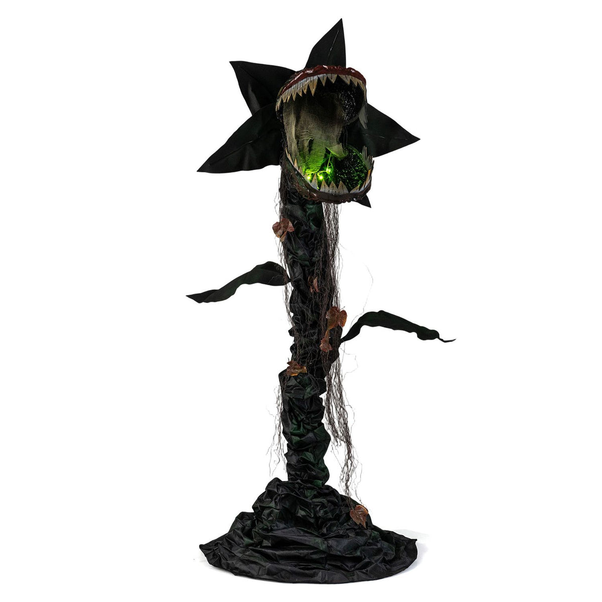 Full view of the animated plant on white with its mouth open and glowing green