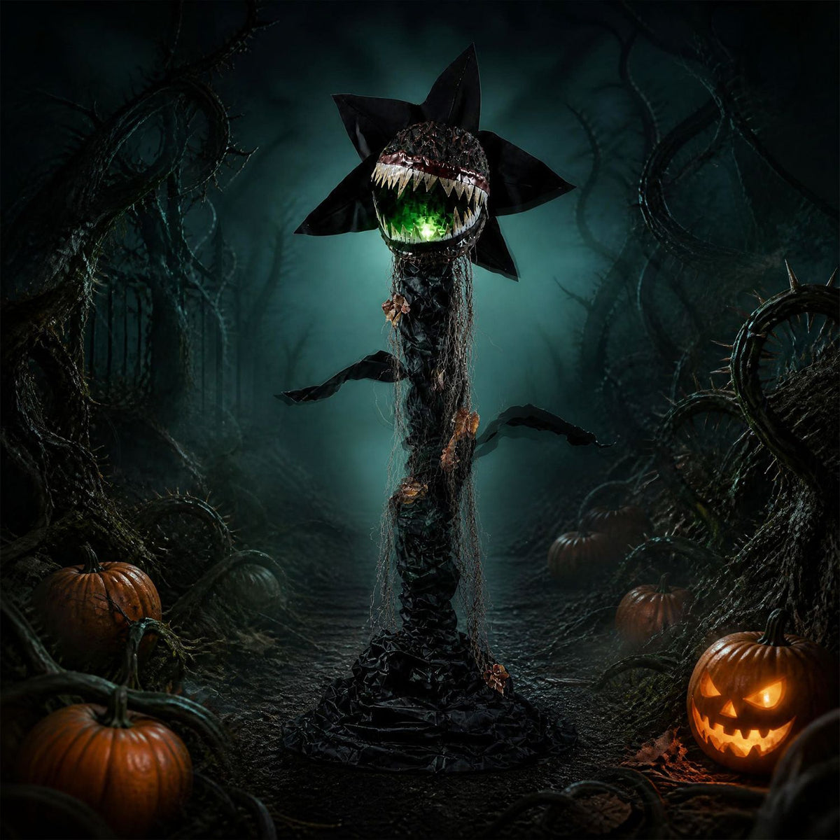 Animated dark plant with glowing green mouth among pumpkins in a spooky forest
