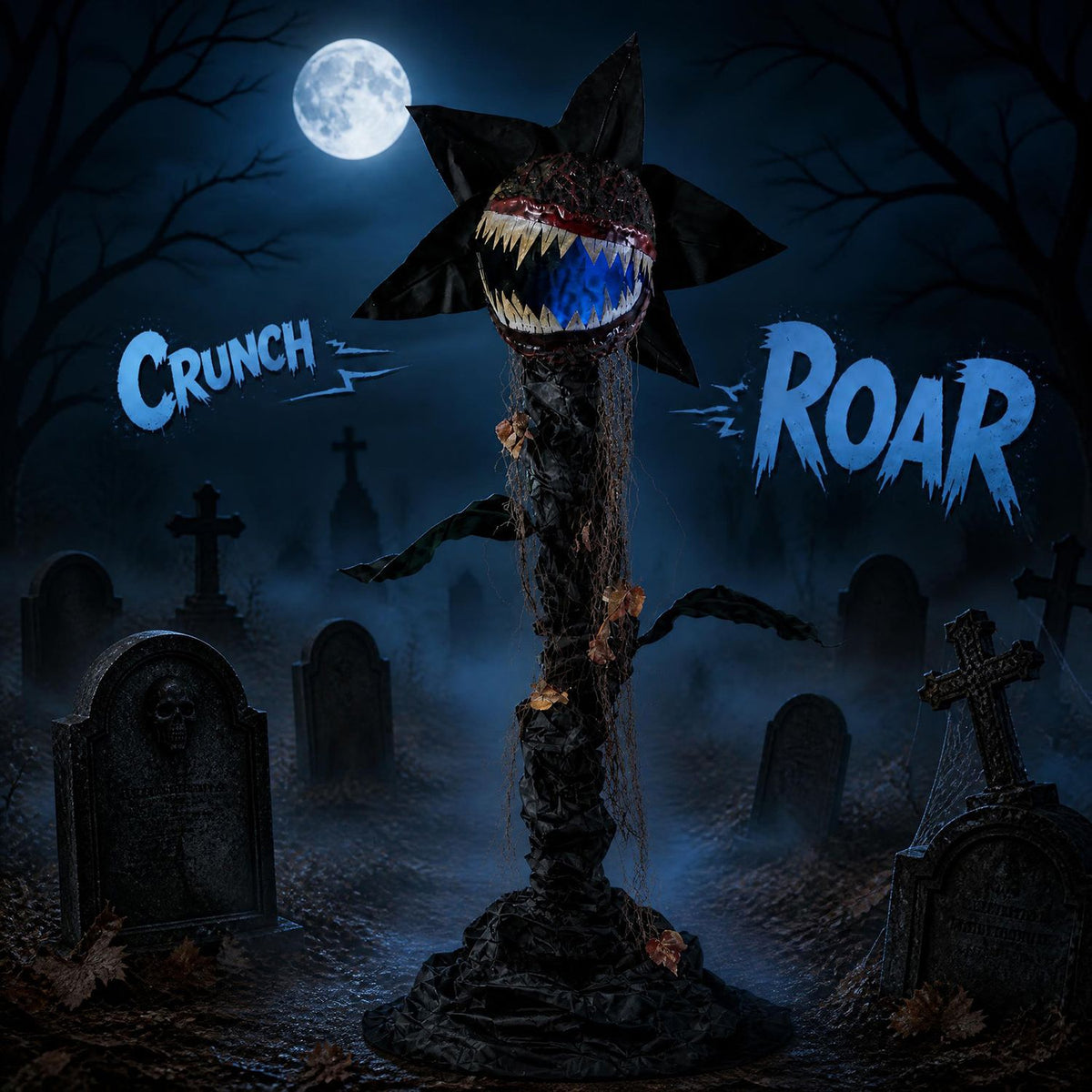 Animated plant with blue-lit mouth in a moonlit graveyard setting
