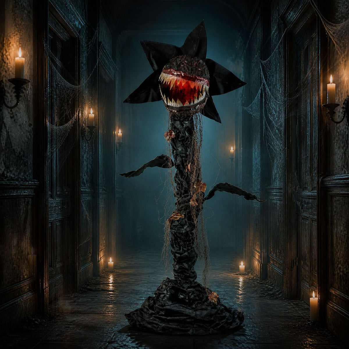 Animated plant with glowing red mouth displayed in a dim candlelit hallway